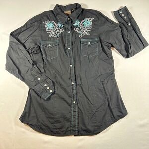 Roper Mens Black Turquoise Floral Embroidered Pearl Snap Western Shirt L